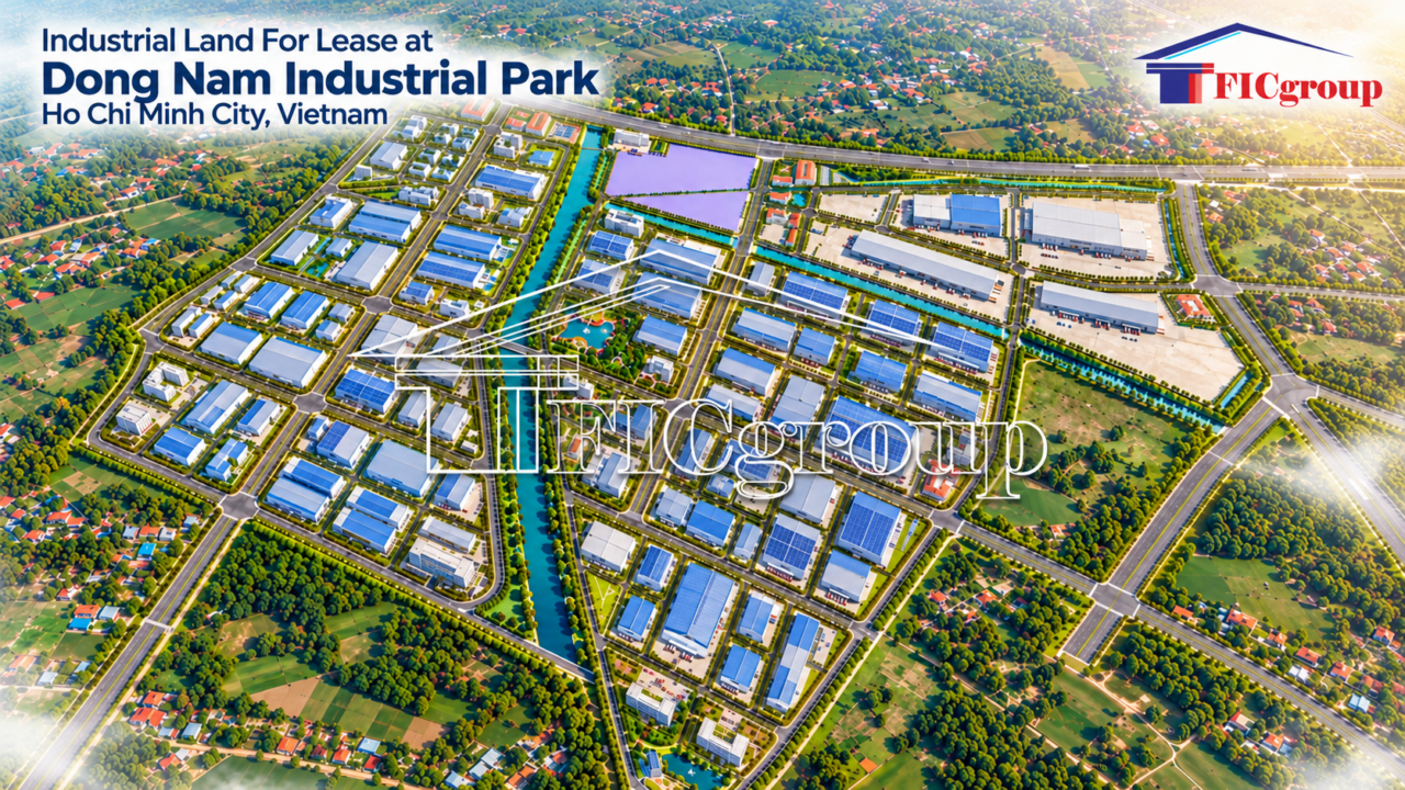 3D aerial visualization of industrial land, factories, warehouses, and infrastructure at Dong Nam Industrial Park, Ho Chi Minh City, Vietnam