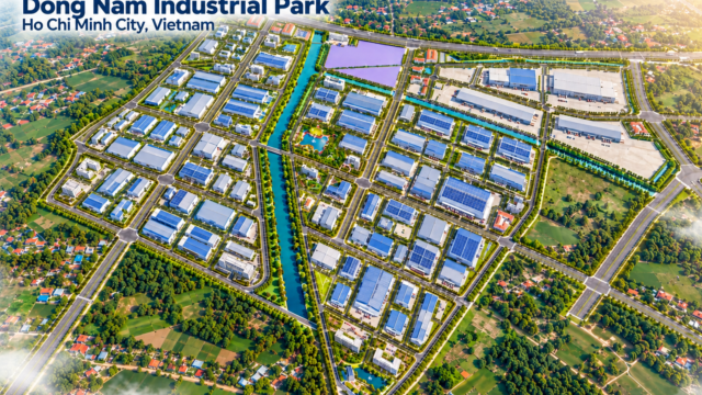 3D aerial concept visualization of ready-built factories for lease at Le Minh Xuan 3 Industrial Park, Ho Chi Minh City, Vietnam.