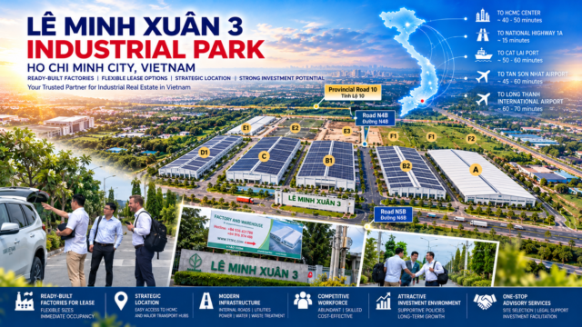 FDI investor factory site visit illustration at Le Minh Xuan 3 Industrial Park, Ho Chi Minh City, Vietnam, featuring ready-built factories and industrial infrastructure