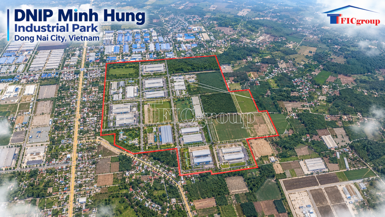 Aerial perspective of DNIP Minh Hung Industrial Park in Dong Nai City, Vietnam, highlighting the illustrated project boundary, industrial factories, internal roads, and surrounding land