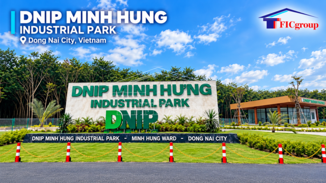 Main entrance of DNIP Minh Hung Industrial Park in Minh Hung Ward, Dong Nai City, Vietnam, featuring the industrial park's entrance signage, landscaped gardens, and administration building
