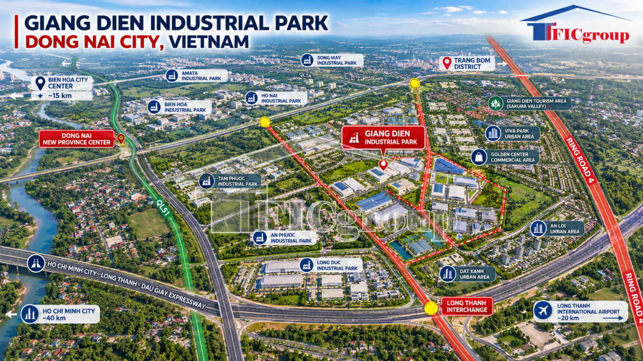 3D regional connectivity map of Giang Dien Industrial Park in Dong Nai City, Vietnam, showing nearby industrial parks, highways, and transportation infrastructure