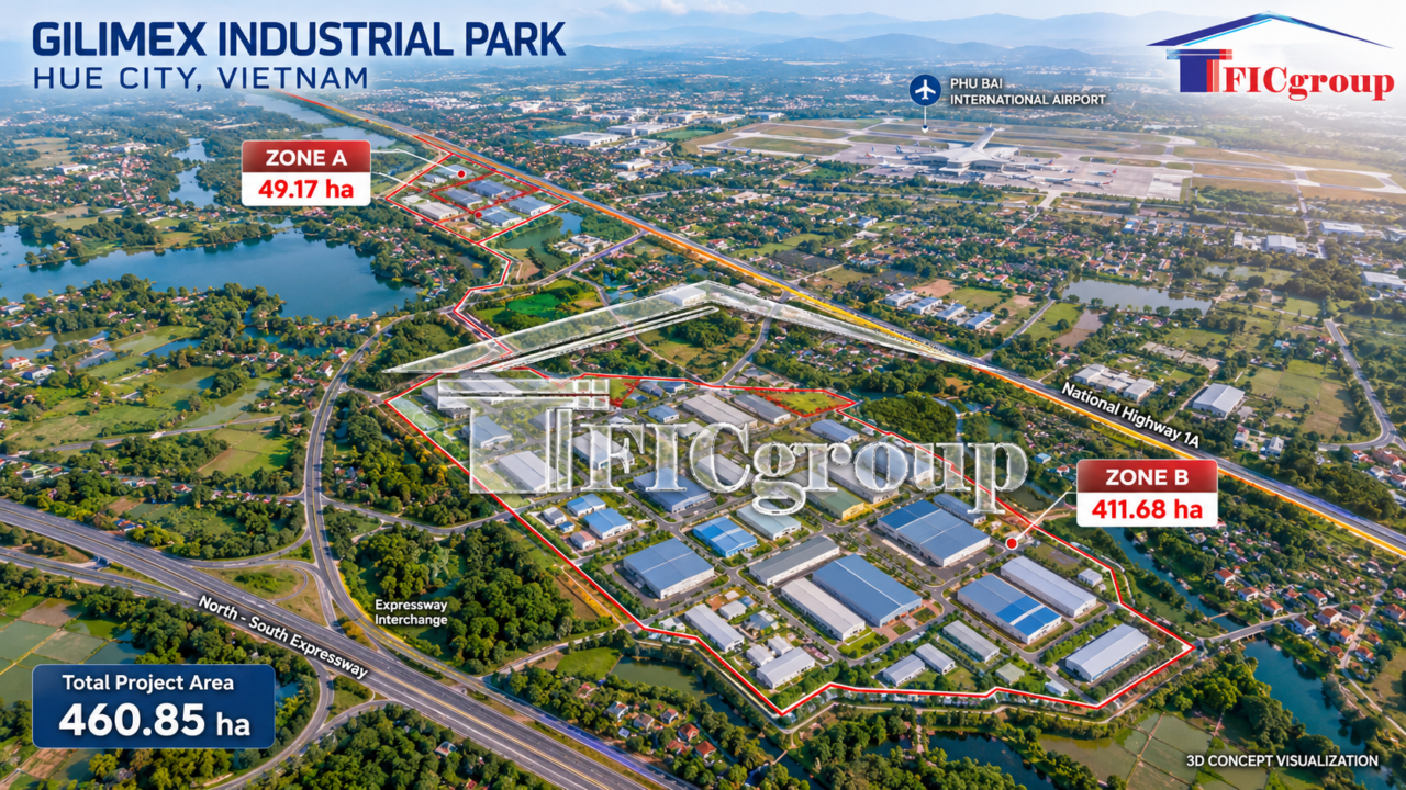 Master plan of Gilimex Hue Industrial Park in Hue City, Vietnam, showing Area A and Area B
