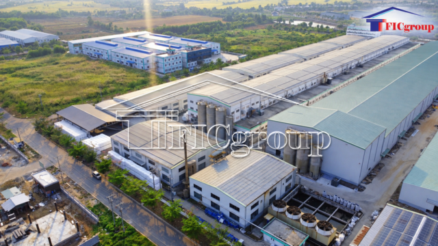 Aerial view of an industrial factory complex in Vietnam, featuring manufacturing buildings, warehouses and production facilities