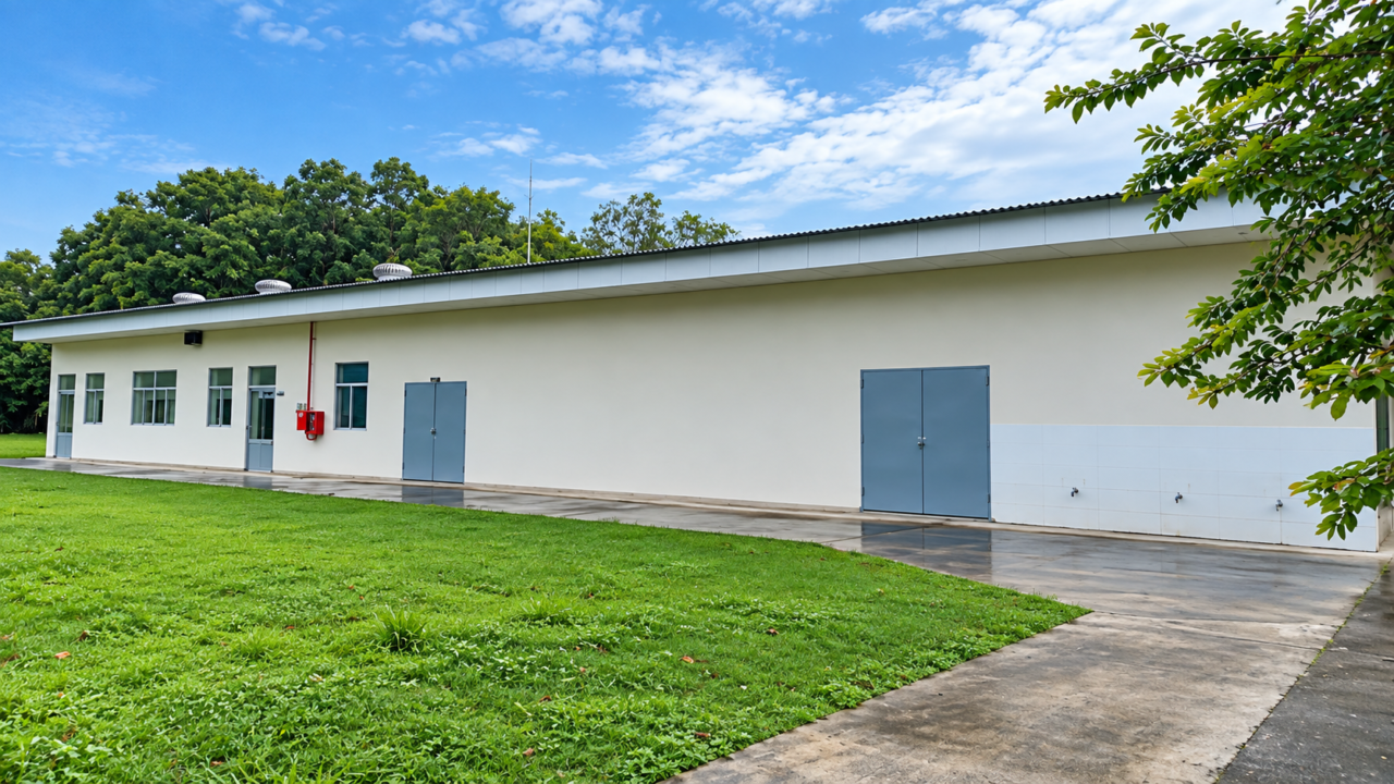 Exterior view of a pharmaceutical factory for sale at My Xuan A2 Industrial Park, Vietnam, featuring a single-story industrial building, access doors, paved walkways, and landscaped green space