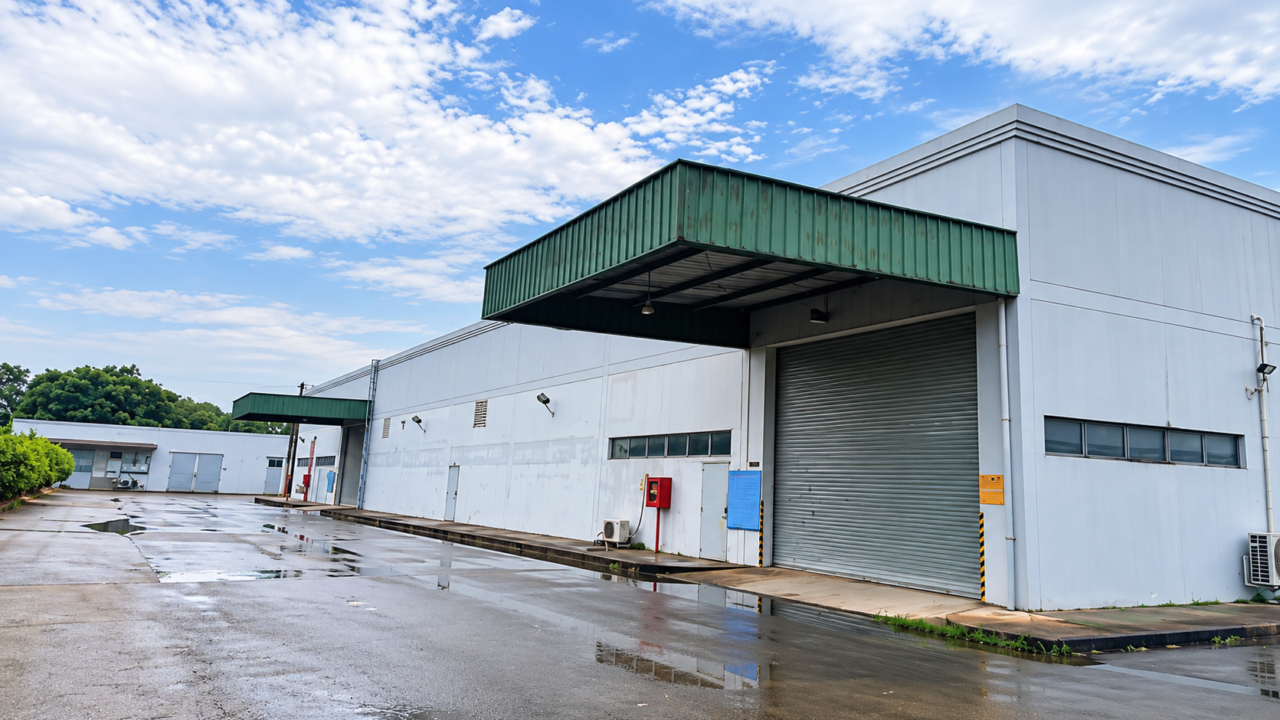 Pharmaceutical factory for sale at My Xuan A2 Industrial Park, Ho Chi Minh City, Vietnam, featuring an industrial warehouse, large roller shutter door, covered loading entrance, and paved access road