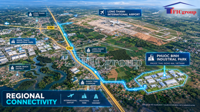 3D regional connectivity map of Phuoc Binh Industrial Park and Long Thanh International Airport in Dong Nai, Vietnam, illustrating industrial infrastructure and transportation links