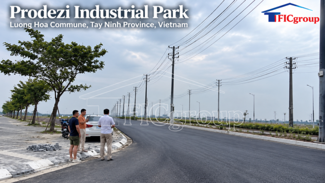 Landscaped internal road network, sidewalks, utility poles, and industrial infrastructure at Prodezi Industrial Park in Tay Ninh Province, Vietnam