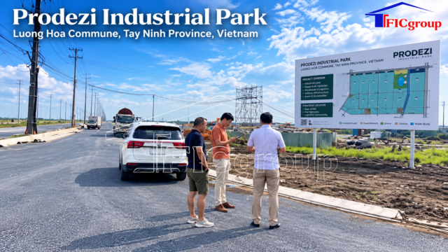 Project information board, internal road infrastructure, and site visitors at Prodezi Industrial Park in Luong Hoa Commune, Tay Ninh Province, Vietnam