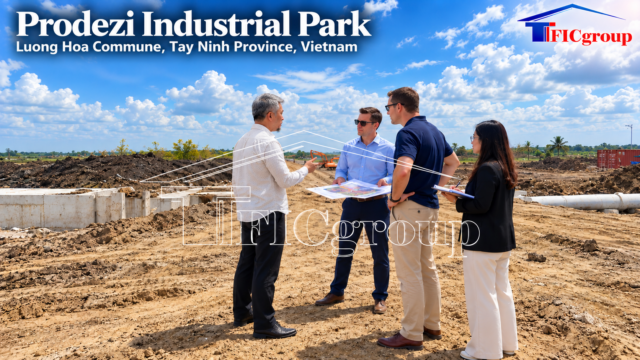 TTTFIC Group representatives and international investors reviewing industrial development plans during a site visit to Prodezi Industrial Park in Tay Ninh, Vietnam