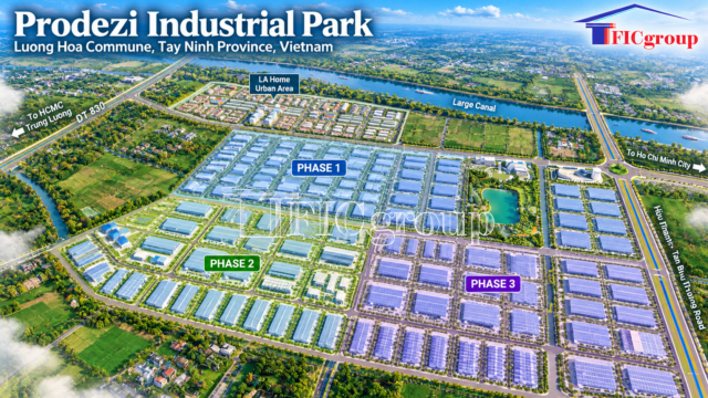 3D aerial concept visualization of Prodezi Industrial Park in Luong Hoa Commune, Tay Ninh Province, Vietnam, highlighting three development phases