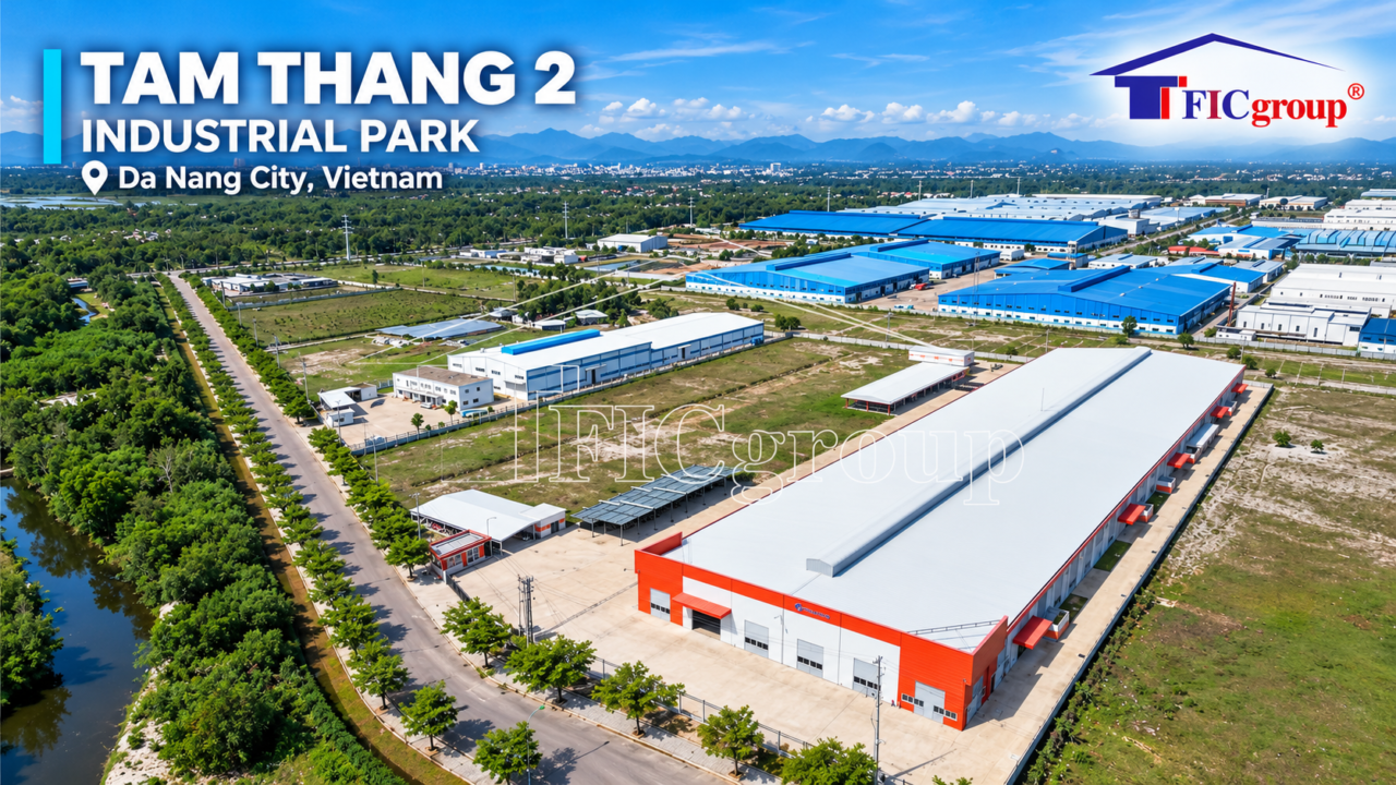 Aerial view of Tam Thang 2 Industrial Park in Da Nang City, Vietnam, featuring modern industrial factories, internal roads, green spaces, and industrial infrastructure