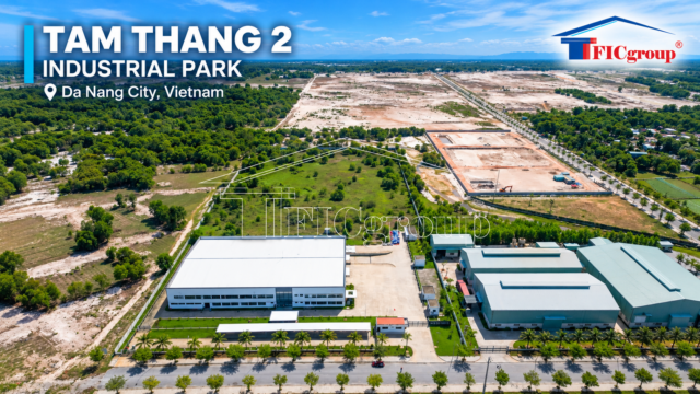 Aerial view of Tam Thang 2 Industrial Park in Da Nang City, Vietnam, showing existing factories, industrial land under development, and internal roads