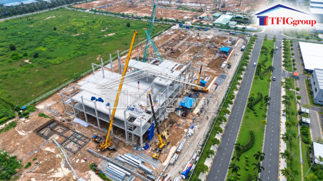TTTFIC Group Industrial Factory Construction Progress in Vietnam – Aerial View of Steel Structure Installation and Industrial Development